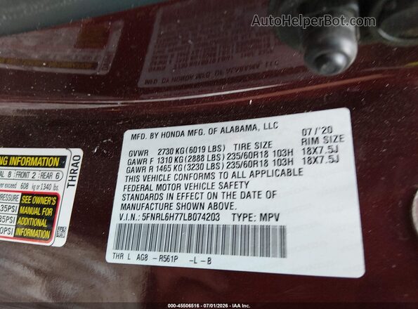 5FNRL6H77LB074203 2020 HONDA ODYSSEY Maroon Engine compartment view