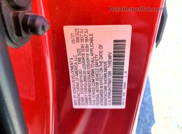 5FNRL6H77NB017289 2022 HONDA ODYSSEY Red VIN կոդի պիտակի տեսք