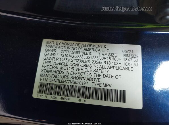 5FNRL6H77NB020192 2022 HONDA ODYSSEY Blue ძრავის განყოფილების ხედი