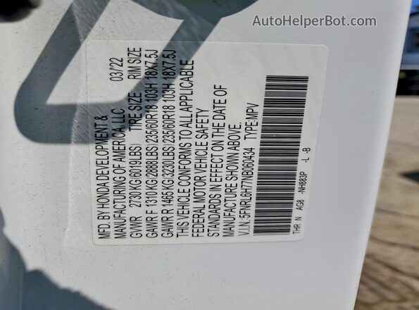 5FNRL6H77NB060434 2022 HONDA ODYSSEY White Vista interior de 360 grados