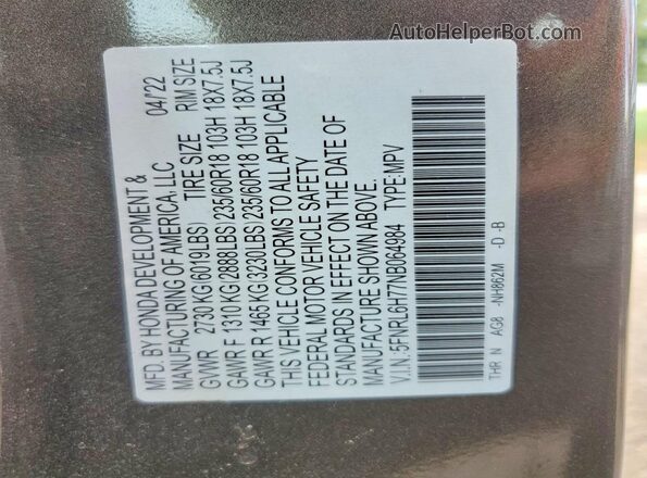 5FNRL6H77NB064984 2022 HONDA ODYSSEY Угольный Вид наклейки с VIN-кодом