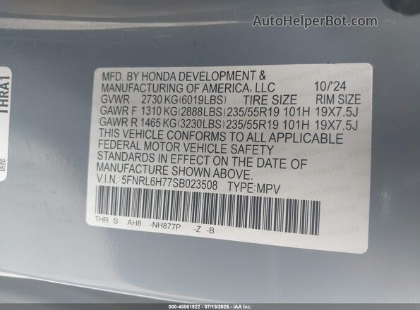 5FNRL6H77SB023508 2025 HONDA ODYSSEY Blue Widok komory silnika