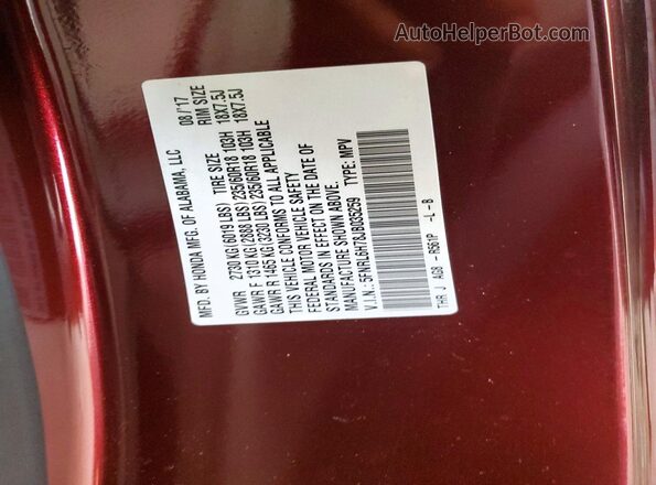 5FNRL6H78JB035259 2018 HONDA ODYSSEY Burgundy VIN կոդի պիտակի տեսք