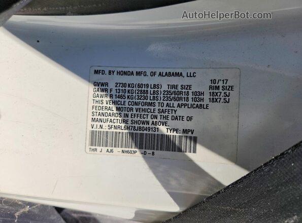 5FNRL6H78JB049131 2018 HONDA ODYSSEY White VIN sticker view