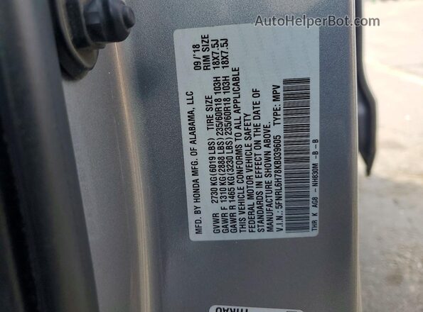 5FNRL6H78KB039605 2019 HONDA ODYSSEY Silver Вид наклейки з VIN-кодом