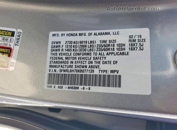 5FNRL6H78KB077139 2019 HONDA ODYSSEY Silver VIN კოდის სტიკერის ხედი