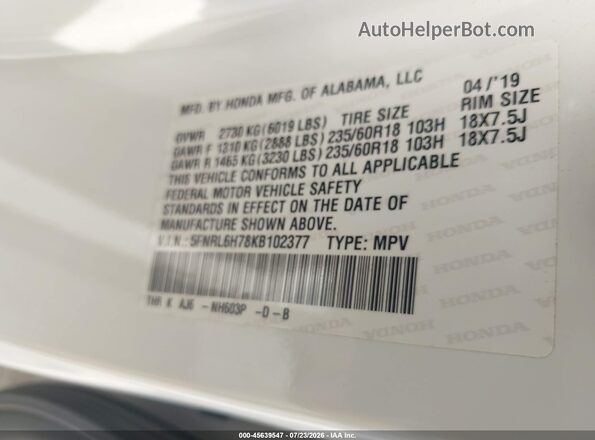 5FNRL6H78KB102377 2019 HONDA ODYSSEY White Vista del compartimento del motor