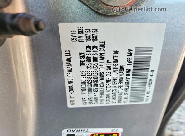 5FNRL6H78KB116764 2019 HONDA ODYSSEY Silver VIN კოდის სტიკერის ხედი
