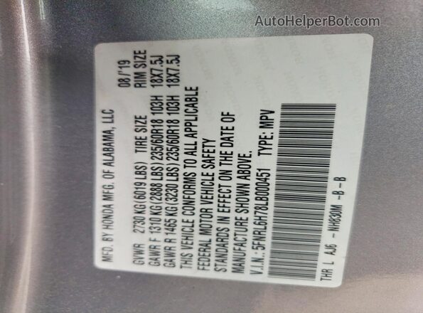 5FNRL6H78LB000451 2020 HONDA ODYSSEY Silver VIN კოდის სტიკერის ხედი