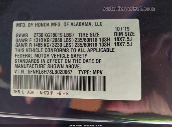 5FNRL6H78LB020067 2020 HONDA ODYSSEY Черный Вид подкапотного пространства