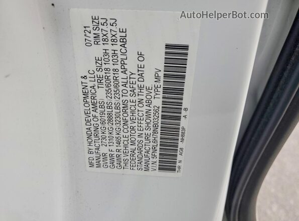 5FNRL6H78NB032562 2022 HONDA ODYSSEY White Vista de la etiqueta del VIN