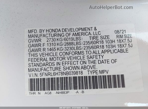 5FNRL6H78NB039818 2022 HONDA ODYSSEY White Widok komory silnika