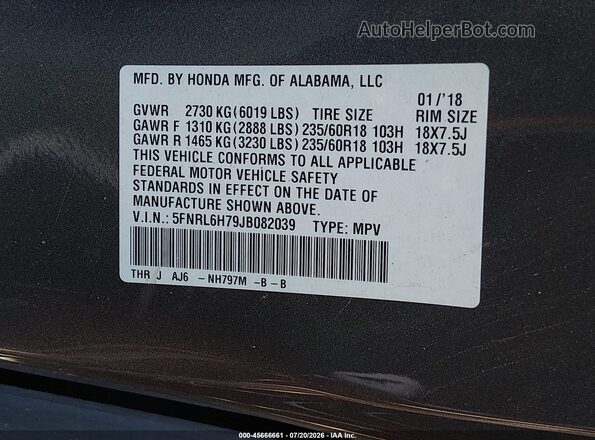 5FNRL6H79JB082039 2018 HONDA ODYSSEY Gray Widok komory silnika