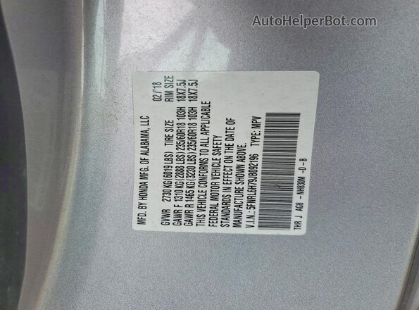 5FNRL6H79JB092196 2018 HONDA ODYSSEY Silver VIN կոդի պիտակի տեսք