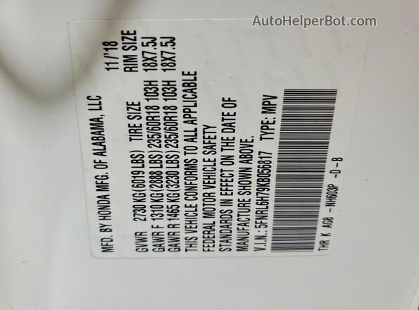 5FNRL6H79KB056817 2019 HONDA ODYSSEY White VIN sticker view