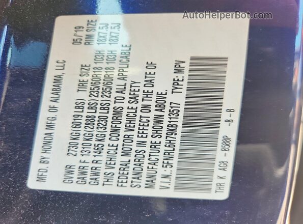 5FNRL6H79KB113517 2019 HONDA ODYSSEY Blue Widok naklejki z numerem VIN