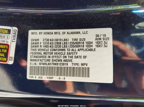 5FNRL6H79KB123819 2019 HONDA ODYSSEY Dark Blue Շարժիչի բաժամունքի տեսք