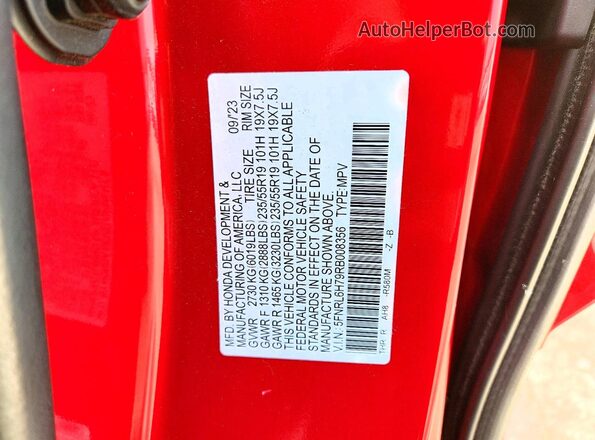 5FNRL6H79RB008356 2024 HONDA ODYSSEY Red Vista de la etiqueta del VIN
