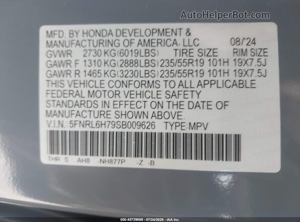 5FNRL6H79SB009626 2025 HONDA ODYSSEY Light Blue Вид подкапотного пространства