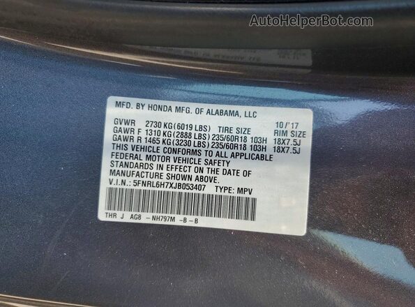 5FNRL6H7XJB053407 2018 HONDA ODYSSEY Gray VIN კოდის სტიკერის ხედი