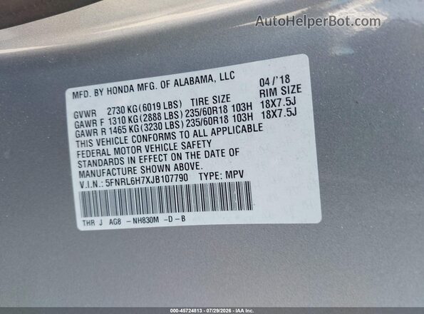 5FNRL6H7XJB107790 2018 HONDA ODYSSEY Серебряный Вид подкапотного пространства
