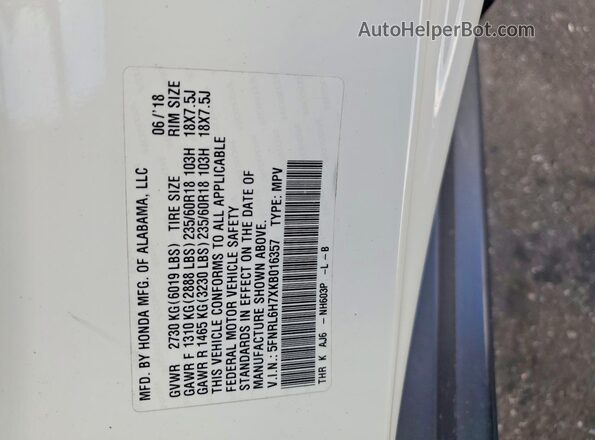 5FNRL6H7XKB016357 2019 HONDA ODYSSEY White Vista de la etiqueta del VIN