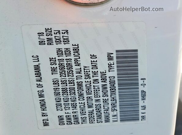 5FNRL6H7XKB040013 2019 HONDA ODYSSEY White VIN sticker view