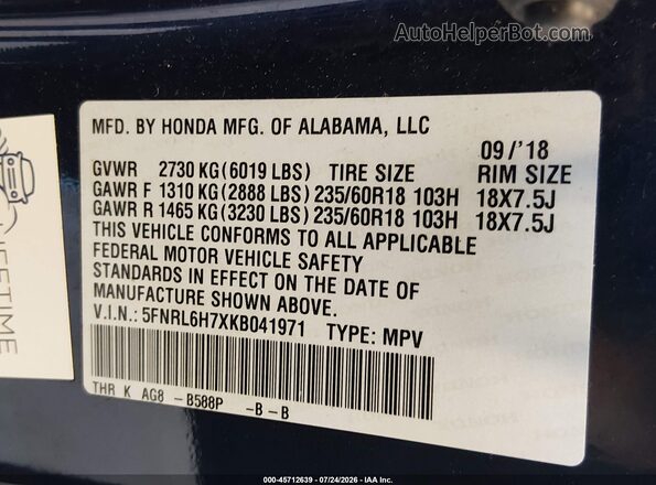 5FNRL6H7XKB041971 2019 HONDA ODYSSEY Navy Շարժիչի բաժամունքի տեսք
