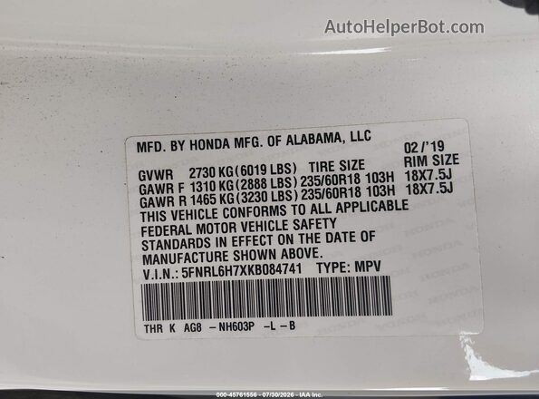 5FNRL6H7XKB084741 2019 HONDA ODYSSEY White Вид підкапотного простору
