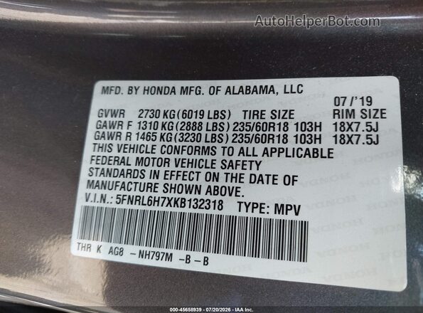 5FNRL6H7XKB132318 2019 HONDA ODYSSEY Gray Widok komory silnika