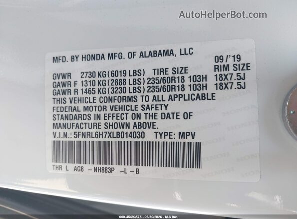 5FNRL6H7XLB014030 2020 HONDA ODYSSEY White Engine compartment view