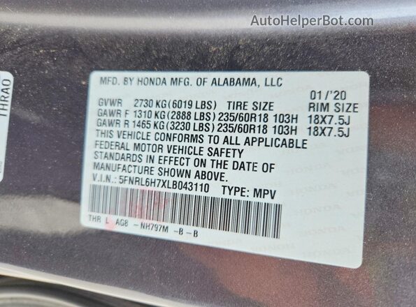 5FNRL6H7XLB043110 2020 HONDA ODYSSEY Gray VIN կոդի պիտակի տեսք
