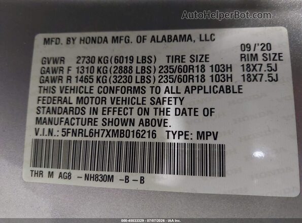 5FNRL6H7XMB016216 2021 HONDA ODYSSEY Gray Շարժիչի բաժամունքի տեսք
