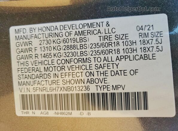 5FNRL6H7XNB013236 2022 HONDA ODYSSEY Tan VIN կոդի պիտակի տեսք