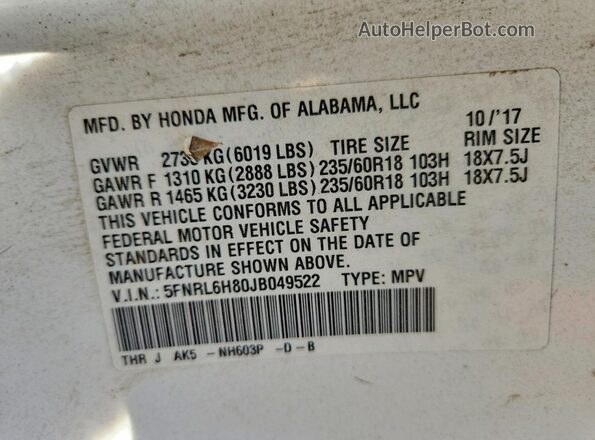 5FNRL6H80JB049522 2018 HONDA ODYSSEY White Widok naklejki z numerem VIN