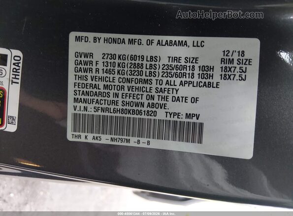 5FNRL6H80KB061820 2019 HONDA ODYSSEY Gray Engine compartment view