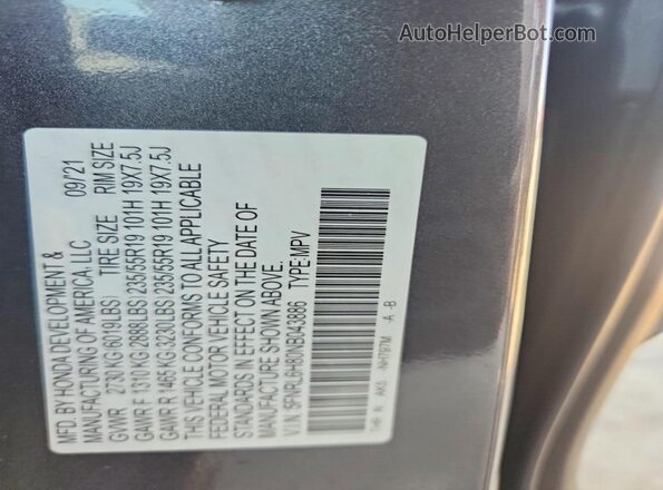 5FNRL6H80NB043886 2022 HONDA ODYSSEY Gray VIN կոդի պիտակի տեսք