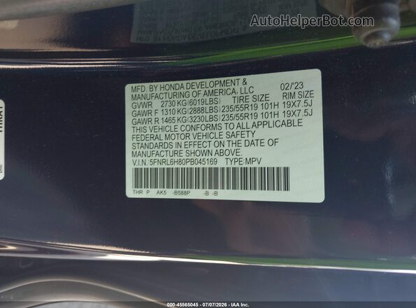 5FNRL6H80PB045169 2023 HONDA ODYSSEY Blue Widok komory silnika