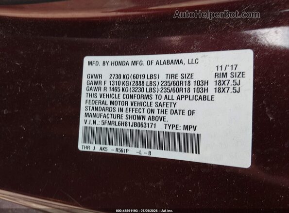 5FNRL6H81JB063171 2018 HONDA ODYSSEY Maroon ძრავის განყოფილების ხედი