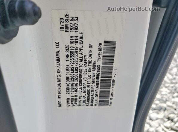 5FNRL6H81MB021653 2021 HONDA ODYSSEY White Widok naklejki z numerem VIN