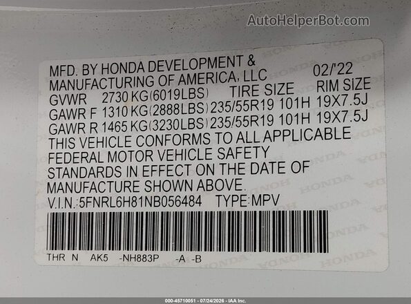 5FNRL6H81NB056484 2022 HONDA ODYSSEY White ძრავის განყოფილების ხედი