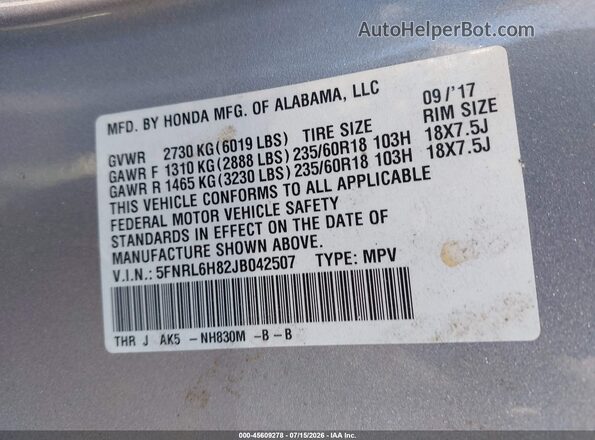 5FNRL6H82JB042507 2018 HONDA ODYSSEY Серебряный Вид подкапотного пространства