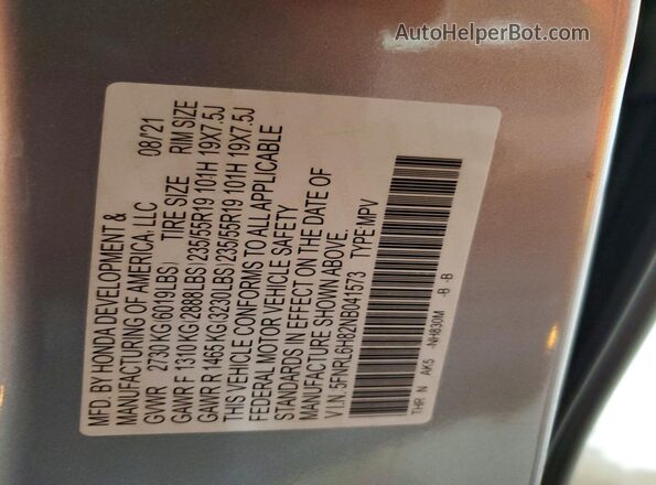 5FNRL6H82NB041573 2022 HONDA ODYSSEY Silver VIN sticker view