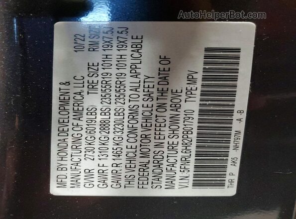 5FNRL6H82PB017910 2023 HONDA ODYSSEY Gray Vista interior de 360 grados