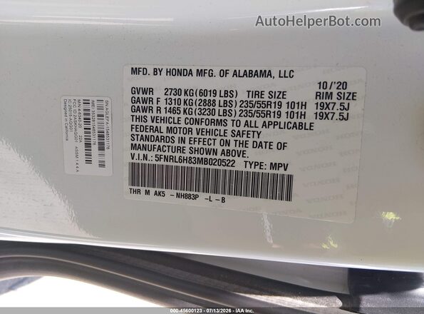 5FNRL6H83MB020522 2021 HONDA ODYSSEY White Вид підкапотного простору