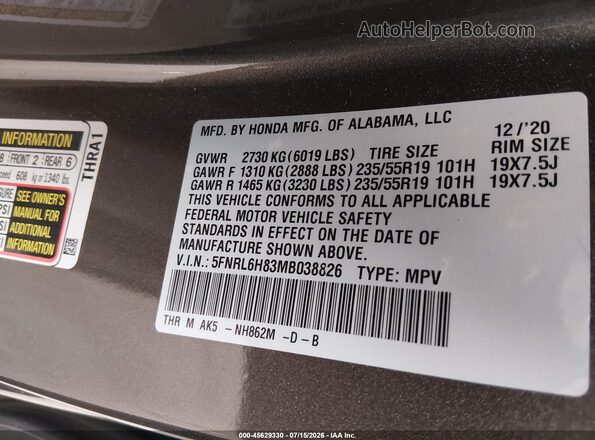5FNRL6H83MB038826 2021 HONDA ODYSSEY Brown ძრავის განყოფილების ხედი