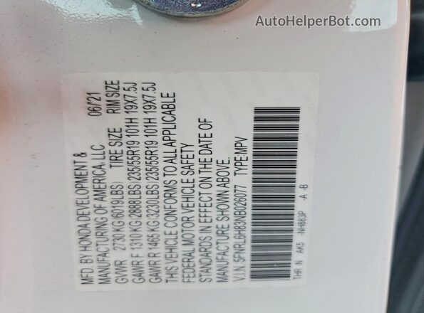 5FNRL6H83NB026077 2022 HONDA ODYSSEY White Vista de la etiqueta del VIN