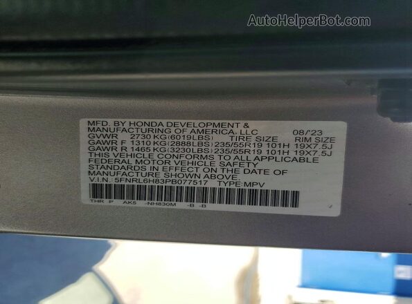 5FNRL6H83PB077517 2023 HONDA ODYSSEY Silver Панорамний вид салону 360°