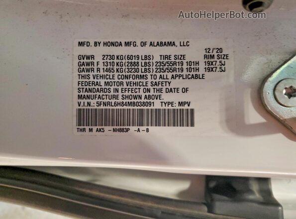 5FNRL6H84MB038091 2021 HONDA ODYSSEY White Vista de la etiqueta del VIN