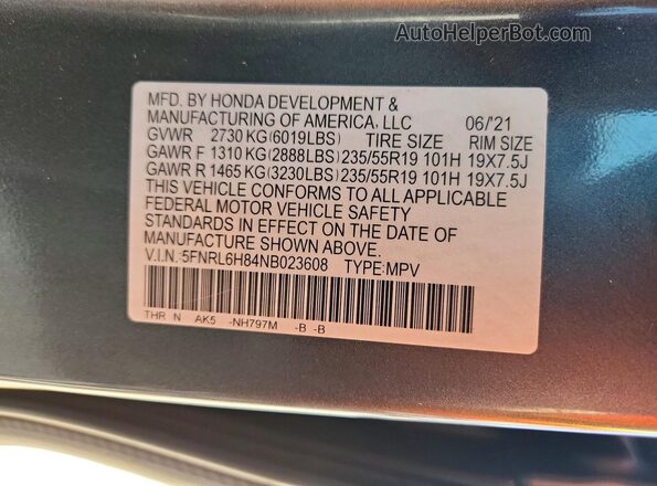 5FNRL6H84NB023608 2022 HONDA ODYSSEY Gray Вид наклейки з VIN-кодом
